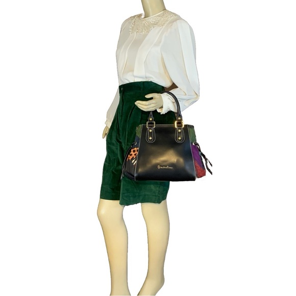 BRACCIALINI BLACK LEATHER SHOULDER BAG W/MULTI COLOR FABRIC SIDES - Picture 3 of 13